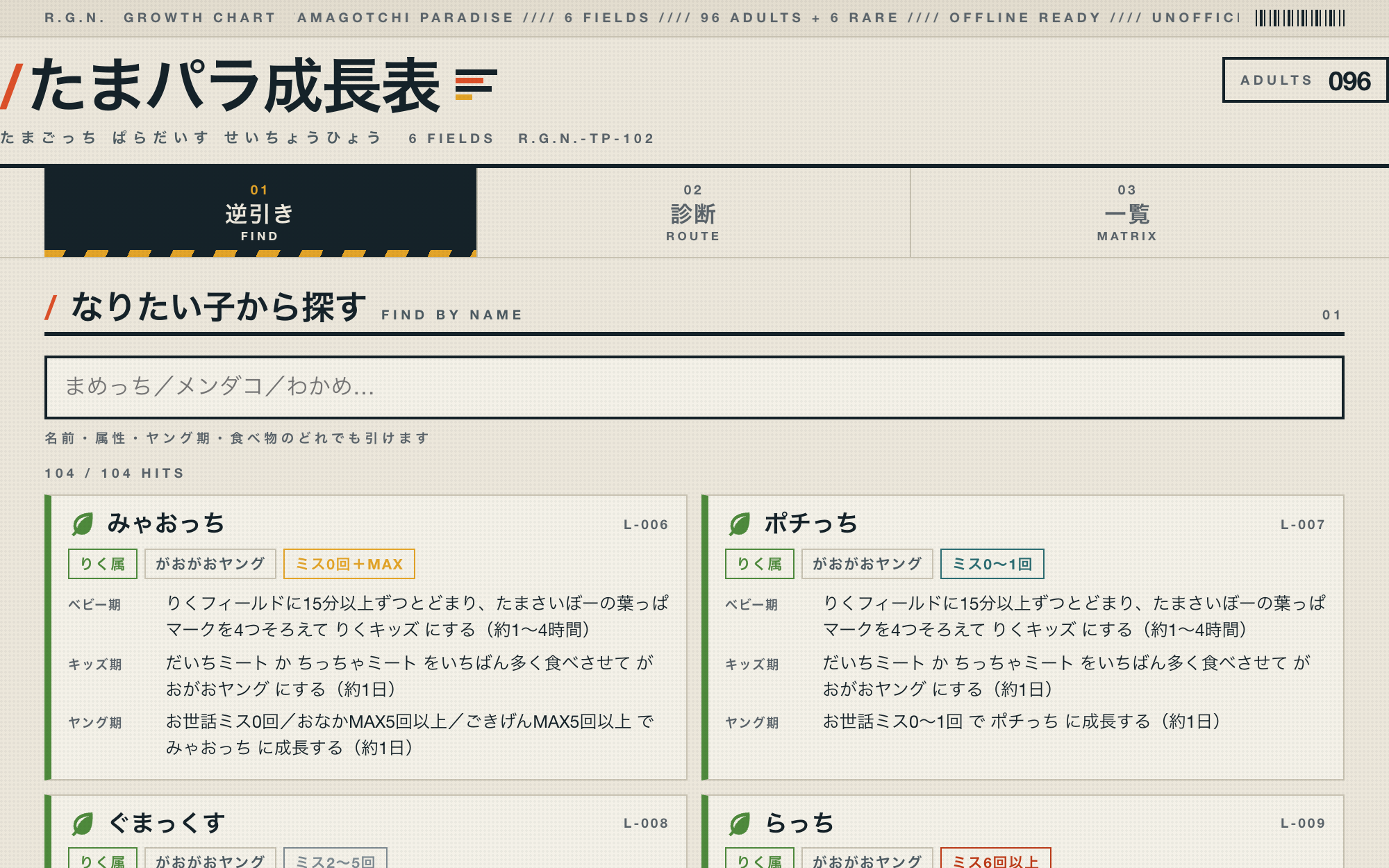 たまパラ成長表の画面